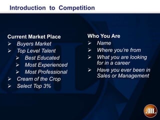 Introduction to Competition



Current Market Place    Who You Are
 Buyers Market          Name
 Top Level Talent       Where you’re from
   Best Educated        What you are looking
   Most Experienced      for in a career
   Most Professional    Have you ever been in
                          Sales or Management
 Cream of the Crop
 Select Top 3%
 
