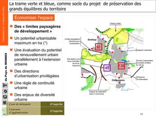 La trame verte et bleue Des « limites paysagères de développement »  Un potentiel urbanisable maximum en ha (*)  Une évaluation du potentiel de renouvellement urbain parallèlement à l’extension urbaine  Des directions d’urbanisation privilégiées Une règle de continuité urbaine Des enjeux de diversité urbaine Économiser l’espace La trame verte et bleue,  comme socle du projet  de préservation des grands équilibres du territoire 