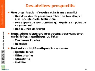 Des ateliers prospectifs  Une organisation favorisant la transversalité Une douzaine de personnes d’horizon très divers : élus, société civile, technicien…  Des experts de leur domaine qui exprime un point de vu personnel  Une journée de travail   Deux séries d’ateliers prospectifs pour valider et enrichir les hypothèses du futur  Tendances lourdes  Ruptures   Portant sur 4 thématiques transverses   Qualité de vie Offre urbaine Attractivité  Mobilité   