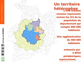 L’aire urbaine rennaise représente environ les 2/3 de la population du département qui compte 960 000 habitants  Une agglomération de 400 000 habitants  entourée par   4 EPCI périphériques représentant  65 000 habitants Un territoire hétérogène 