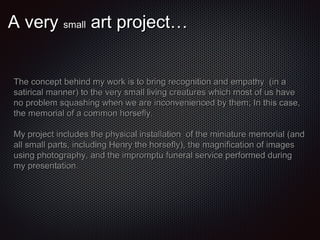 A very small art project…
The concept behind my work is to bring recognition and empathy (in a
satirical manner) to the very small living creatures which most of us have
no problem squashing when we are inconvenienced by them; In this case,
the memorial of a common horsefly.
My project includes the physical installation of the miniature memorial (and
all small parts, including Henry the horsefly), the magnification of images
using photography, and the impromptu funeral service performed during
my presentation.

 