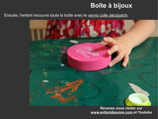 Revenez nous visiter sur
www.enfantdessine.com et Youtube
Boîte à bijoux
Ensuite, l'enfant recouvre toute la boîte avec le vernis colle décopatch.
 