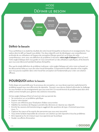 Vous synthétisez à ce stade les résultats de votre travail d’empathie en besoins et en enseignements. Vous
cadrez alors le défi sur lequel vous atteler. Vos deux objectifs sont de développer une compréhension
profonde de vos utilisateurs et l'espace de conception (Design space) et, sur la base de cette
compréhension, venir avec une définition du problème à résoudre: votre angle d’attaque (Point of view).
Votre angle d’attaque doit vous guider en vous concentrant sur des utilisateurs spécifiques, et les besoins
que vous avez découvert pendant la phase d'empathie.
Plus que la simple définition du problème à adresser, votre angle d’attaque est votre vision se basant sur
les découvertes faites au cours de votre travail d'empathie. Comprendre le défi à aborder et les insights
que vous pouvez exploiter dans votre travail de conception est fondamentale pour créer une solution
eﬃcace.
Cette étape est essentielle pour le processus de conception, car vous devez exprimer explicitement le
problème auquel vous vous eﬀorcerez de répondre. Souvent, vous devrez d'abord reformuler le challenge
en vous fondant sur les enseignements que vous avez tiré. Ce nouvel énoncé du problème peut alors être
utilisé comme tremplin pour générer des solutions innovantes.
Un bon angle d’attaque (Point of view) est celui qui permet de:
• Se concentrer sur un problème spécifique
• Inspirer votre équipe
• Fournir une référence pour l'évaluation d’idées concurrentes
• Habiliter les membres de l'équipe à prendre des décisions en réponse aux objectifs
• Enrichir les sessions de brainstorming en suggérant des questions de type « Comment pourrions-
nous…? »
• Capturer les cœurs et les esprits des personnes que vous avez rencontré
• Vous éviter la tâche impossible de concevoir une solution qui doit répondre à tous les problèmes
• Etre repensé au fur et à mesure que vous apprenez par la pratique
• Guider vos eﬀorts d'innovation
Définir le besoin
POURQUOI définir le besoin
Définir le besoin
MODE
:: 2 ::
 