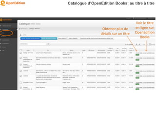 Obtenez plus de
détails sur un titre
Catalogue d’OpenEdition Books: au titre à titre
Voir le titre
en ligne sur
OpenEditio...