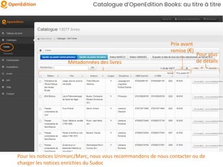 Catalogue d’OpenEdition Books: au titre à titre
Métadonnées des livres
Prix avant
remise (€)
Pour plus
de détails
Pour les notices Unimarc/Marc, nous vous recommandons de nous contacter ou de
charger les notices enrichies du Sudoc
 