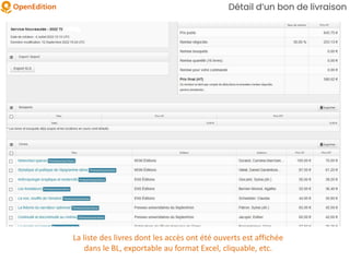 Détail d’un bon de livraison
La liste des livres dont les accès ont été ouverts est affichée
dans le BL, exportable au format Excel, cliquable, etc.
 