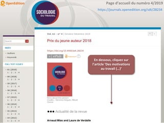 En dessous, cliquez sur
l’article ‘Des motivations
au travail (…)’
https://journals.openedition.org/sdt/28234
Page d’accueil du numéro 4/2019
 
