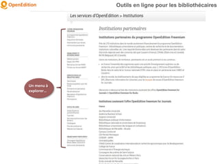 Outils en ligne pour les bibliothécaires
Un menu à
explorer…
 