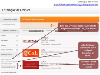 Liste des revues en accès ouvert : texte
intégral disponible (HTML, PDF, ePub)
Liste des revues
Freemium: texte
intégral
disponible en
HTML
Liste des revues
avec barrière
mobile
https://www.openedition.org/catalogue-journals
Catalogue des revues
 