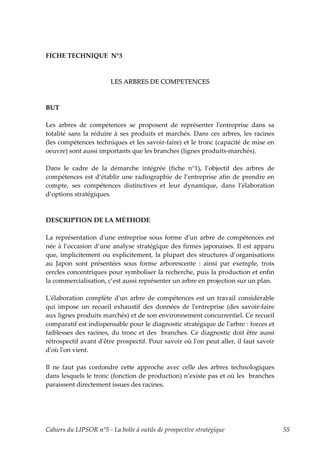 FICHE TECHNIQUE N°3



                        LES ARBRES DE COMPETENCES



BUT

Les arbres de compétences se proposent de représenter lʹentreprise dans sa
totalité sans la réduire à ses produits et marchés. Dans ces arbres, les racines
(les compétences techniques et les savoir-faire) et le tronc (capacité de mise en
oeuvre) sont aussi importants que les branches (lignes produits-marchés).

Dans le cadre de la démarche intégrée (fiche n°1), l’objectif des arbres de
compétences est d’établir une radiographie de l’entreprise afin de prendre en
compte, ses compétences distinctives et leur dynamique, dans l’élaboration
d’options stratégiques.



DESCRIPTION DE LA MÉTHODE

La représentation dʹune entreprise sous forme dʹun arbre de compétences est
née à l’occasion d’une analyse stratégique des firmes japonaises. Il est apparu
que, implicitement ou explicitement, la plupart des structures d’organisations
au Japon sont présentées sous forme arborescente : ainsi par exemple, trois
cercles concentriques pour symboliser la recherche, puis la production et enfin
la commercialisation, c’est aussi représenter un arbre en projection sur un plan.

Lʹélaboration complète dʹun arbre de compétences est un travail considérable
qui impose un recueil exhaustif des données de lʹentreprise (des savoir-faire
aux lignes produits marchés) et de son environnement concurrentiel. Ce recueil
comparatif est indispensable pour le diagnostic stratégique de lʹarbre : forces et
faiblesses des racines, du tronc et des branches. Ce diagnostic doit être aussi
rétrospectif avant dʹêtre prospectif. Pour savoir où lʹon peut aller, il faut savoir
dʹoù lʹon vient.

Il ne faut pas confondre cette approche avec celle des arbres technologiques
dans lesquels le tronc (fonction de production) n’existe pas et où les branches
paraissent directement issues des racines.




Cahiers du LIPSOR n°5 - La boîte à outils de prospective stratégique                   55
 