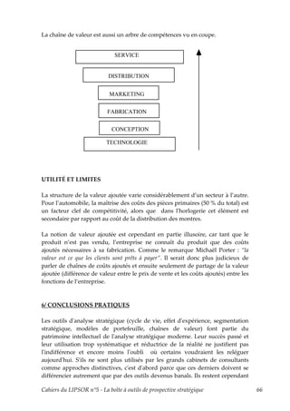 La chaîne de valeur est aussi un arbre de compétences vu en coupe.


                              SERVICE


                            DISTRIBUTION


                            MARKETING


                           FABRICATION


                             CONCEPTION

                           TECHNOLOGIE




UTILITÉ ET LIMITES

La structure de la valeur ajoutée varie considérablement d’un secteur à l’autre.
Pour l’automobile, la maîtrise des coûts des pièces primaires (50 % du total) est
un facteur clef de compétitivité, alors que dans lʹhorlogerie cet élément est
secondaire par rapport au coût de la distribution des montres.

La notion de valeur ajoutée est cependant en partie illusoire, car tant que le
produit n’est pas vendu, l’entreprise ne connaît du produit que des coûts
ajoutés nécessaires à sa fabrication. Comme le remarque Michaël Porter : “la
valeur est ce que les clients sont prêts à payer”. Il serait donc plus judicieux de
parler de chaînes de coûts ajoutés et ensuite seulement de partage de la valeur
ajoutée (différence de valeur entre le prix de vente et les coûts ajoutés) entre les
fonctions de l’entreprise.



6/ CONCLUSIONS PRATIQUES

Les outils dʹanalyse stratégique (cycle de vie, effet dʹexpérience, segmentation
stratégique, modèles de portefeuille, chaînes de valeur) font partie du
patrimoine intellectuel de lʹanalyse stratégique moderne. Leur succès passé et
leur utilisation trop systématique et réductrice de la réalité ne justifient pas
lʹindifférence et encore moins lʹoubli où certains voudraient les reléguer
aujourdʹhui. Sʹils ne sont plus utilisés par les grands cabinets de consultants
comme approches distinctives, cʹest dʹabord parce que ces derniers doivent se
différencier autrement que par des outils devenus banals. Ils restent cependant

Cahiers du LIPSOR n°5 - La boîte à outils de prospective stratégique                   66
 