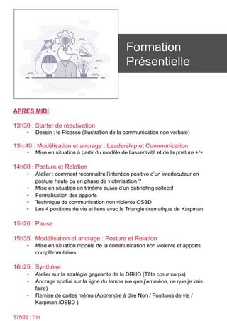 Formation
Présentielle
APRES MIDI
13h30 : Starter de réactivation
•  Dessin : le Picasso (illustration de la communication non verbale)
13h:40 : Modélisation et ancrage : Leadership et Communication
•  Mise en situation à partir du modèle de l’assertivité et de la posture +/+
14h00 : Posture et Relation
•  Atelier : comment reconnaitre l’intention positive d’un interlocuteur en
posture haute ou en phase de victimisation ?
•  Mise en situation en trinôme suivie d’un débriefing collectif
•  Formalisation des apports
•  Technique de communication non violente OSBD
•  Les 4 positions de vie et liens avec le Triangle dramatique de Karpman
15h20 : Pause
15h35 : Modélisation et ancrage : Posture et Relation
•  Mise en situation modèle de la communication non violente et apports
complémentaires
16h25 : Synthèse
•  Atelier sur la stratégie gagnante de la DRHO (Tête cœur corps)
•  Ancrage spatial sur la ligne du temps (ce que j’emmène, ce que je vais
faire)
•  Remise de cartes mémo (Apprendre à dire Non / Positions de vie /
Karpman /OSBD )
17h00 : Fin
 