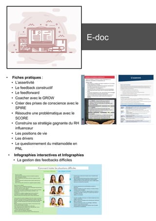 E-doc
•  Fiches pratiques :
•  L’assertivité
•  Le feedback constructif
•  Le feedforward
•  Coacher avec le GROW
•  Créer des prises de conscience avec le
SPIRE
•  Résoudre une problématique avec le
SCORE
•  Construire sa stratégie gagnante du RH
influenceur
•  Les positions de vie
•  Les drivers
•  Le questionnement du métamodèle en
PNL
		
•  Ralentir	son	débit.	
•  Laisser	beaucoup	d’espace	aux	silences	et	attendre	la	réponse.	
•  Poser	des	questions	ouvertes.	
•  Baisser	le	timbre	de	sa	voix,	parler	moins	fort,	se	placer	en	mode	«	
introverti	».	
•  Ajuster	la	hauteur	de	la	chaise	pour	être	au	même	niveau	que	son	
interlocuteur.	
•  Faire	un	suivi	de	cette	rencontre	et	un	rappel	des	aspects	soulevés.		
•  Rester	neutre	et	objectif.	
•  Recadrer	et	revenir	à	l’objectif	de	la	rencontre.	
•  Lui	donner	du	pouvoir	et	de	l’importance,	lui	demander	des	permissions.	
•  Lui	donner	raison	sur	certains	aspects		
•  Communiquer	de	manière	stratégique	et	avec	tact,	mesurer	ses	propos.	
•  Nommer	avec	transparence	que	la	situation	est	difficile	«	ici	et	
maintenant	».	
•  Le	comparer	à	un	athlète	et	expliquer	que	la	clé	du	succès	de	la	
performance	de	l’athlète	compétitif	réside	dans	le	feedback.	
•  Ajuster	la	hauteur	de	la	chaise	pour	être	au	même	niveau	que	lui.		
•  Communiquer	de	manière	stratégique	et	avec	tact,	mesurer	ses	propos.	
•  Normaliser,	remettre	les	choses	en	perspective	et	recadrer,	chasser	les	
pensées	irrationnelles	et	les	remplacer	par	des	données	très	rationnelles.	
•  Mettre	en	lumière	l’importance	de	l’échec	dans	le	parcours	des	plus	
grands.	
•  Mettre	l’accent	que	sur	deux	points	critiques,	et	laisser	faire	le	reste.	
•  Tendre	la	boîte	de	papier	mouchoir.	
•  Faire	montre	d’une	écoute	empathique	et	reformuler	:	
•  	Notre	compréhension	du	contexte	«	si	je	comprends	bien,	c’est	la	
première	fois	que	tu	fais	face	à	un	refus	».	
•  	«	Je	peux	comprendre	que	ça	t’affecte.	»	
•  Utiliser	l’humour	pour	détendre	l’atmosphère.	
•  Ajuster	la	hauteur	de	la	chaise	pour	être	au	même	niveau	que	lui.	
•  Présumer	que	la	personne	accepte	tout	et	comprend	tout	
de	vos	propos.	
•  Être	bienheureux	de	la	tournure	de	la	rencontre	et	avoir	le	
réflexe	de	garder	le	plein	contrôle	de	la	communication.	
•  Remplir	les	silences,	parler	beaucoup,	avoir	un	débit	rapide.	
•  Raccourcir	la	durée	de	la	rencontre.		
	
•  Craindre	la	personne	et	la	confrontation	et	cesser	la	
discussion.	
•  Se	laisser	intimider	et	se	sentir	rabaissé,	se	mettre	à	douter,	
lui	donner	raison	d’emblée.	
•  Le	confronter	sur	le	même	ton	argumentateur	et	monter	la	
situation	en	escalade,	lui	dire	qu’il	n’a	pas	du	tout	raison	et	
se	justifier	à	son	tour.	
•  Utiliser	un	ton	émotif.		
•  Se	sentir	coupable	et	s’excuser,	se	mettre	à	douter	que	nous	
exagérons	peut-être.	
•  Reculer,	censurer	ses	propos	ou	les	minimiser	par	crainte	de	
blesser	la	personne.	
•  S’investir	du	rôle	du	sauveur	et	surprotéger,	infantiliser.	
•  Percevoir	l’autre	telle	une	victime.	
•  Perdre	la	distance	émotionnelle	et	pleurer	avec	lui,	passer	
d’empathique	à	sympathique.		
•  Infographies interactives et Infographies
•  La gestion des feedbacks difficiles
 
