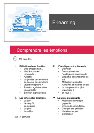 E-learning
I.  Définition d’une émotion
•  Une émotion naît...
•  Une émotion est
provoquée...
•  Apports
•  La genèse des émotions
•  Le spectre des émotions
•  Quel hémisphère ?
•  Émotion agréable et/ou
désagréable
•  Émotion et physiologie
II.  Les différentes émotions
•  La joie
•  Le dégoût
•  La surprise
•  La peur
•  La colère
III.  L’intelligence émotionnelle
•  Définition
•  Composantes de
l’intelligence émotionnelle
•  Empathie et conscience de
soi
•  Motivation, aptitudes
humaines et maîtrise de soi
•  La composante la plus
importante ?
•  Et vous ?
IV.  La stratégie gagnante
•  Mobiliser sa stratégie
gagnante
•  L’index de computation
•  Changer ses pensées
•  L’environnement
•  Conclusion
Comprendre les émotions
20 minutes
Tarif : 1 550€ HT
 