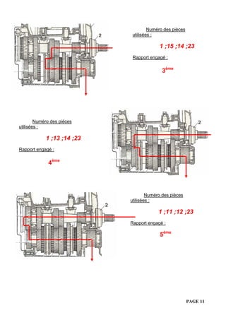 PAGE 11
Numéro des pièces
utilisées :
1 ;11 ;12 ;23
Rapport engagé :
5ème
Numéro des pièces
utilisées :
1 ;13 ;14 ;23
Rapport engagé :
4ème
Numéro des pièces
utilisées :
1 ;15 ;14 ;23
Rapport engagé :
3ème
 