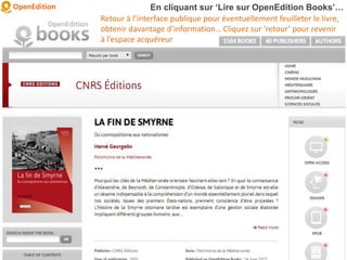 En cliquant sur ‘Lire sur OpenEdition Books’…
Retour à l’interface publique pour éventuellement feuilleter le livre,
obtenir davantage d’information… Cliquez sur ‘retour’ pour revenir
à l’espace acquéreur
 