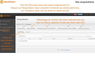 Vos acquisitions
Classé par
type d’achat :
annuel
(location) ou
permanent
Téléchargez les notices des titres sélectionnés (ou
tous les titres), exportez la liste des titres dans XLS
Tous les titres que vous avez acquis apparaissent ici.
Cliquez sur ‘Acquisitions’ pour consulter la liste de vos achats pérennes,
sur ‘Locations’ pour voir les titres en achat annuel.
 