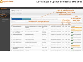 Informations bibliographiques
Informations
commerciales
Plus
d’informations
sur le livre
Le catalogue d’OpenEdition Books: titre à titre
Exporter les informations
d’un ou plusieurs livres dans
différents formats
 