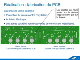 Réalisation : fabrication du PCB
Couches de vernis épargne :
 Protection du cuivre contre l’oxydation.
 Isolation électrique.
 Les zones cuivrées non recouvertes de vernis sont métallisées.
22
Vernis dessus.
Couche SMT pour Solder Mask TOP.
Vernis dessous.
Couche SMB pour Solder Mask BOT.
Les pastilles des CMS
placés sur le dessus
n’apparaissent que sur
le dessus.
 
