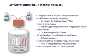  Third party tools to “monitor” the database access
 McAfee Database Activity Monitoring
o Running on the Database Server / SGA
 Imperva SecureSphare
o Network Appliance; Some kind of an application firewall
 IBM Guardian
o Database / Application firewall
 Oracle Database Firewall and Audit Vault Server
o Software Appliance
 All tools must learn the access rules / firewall rules
o More or less;predefined rules are available
 Residual risk that the tools can be bypassed
ACTIVITY MONITORING /DATABASE FIREWALL
 