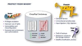 PROTECT FROM WHOM?
Snake
Cheetah
 Privileges escalation
 Improper use of rights
 Vulnerabilities and
misconfiguration
 Excessive and unnecessary
user authorizations
 Denial of Service
 Unmonitored sensitive data
 Input Injection / SQL Injection
Thief
 Theft of backups
 Disclosure / access to
the storage medium
 Datafile (modification,access)
 