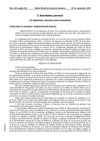 Núm. 183 página 144 Boletín Oficial de la Junta de Andalucía 19 de septiembre 2014 
2. Autoridades y personal 
2.2. Oposiciones, concursos y otras convocatorias 
Consejería de Hacienda y Administración Pública 
Resolución de 15 de septiembre de 2014, de la Secretaría General para la Administración 
Pública, por la que se convocan pruebas selectivas, por el sistema de acceso libre, para ingreso en el 
Cuerpo de Auxiliares Administrativos de la Junta de Andalucía. 
En cumplimiento de lo previsto en el Decreto 90/2013, de 23 de julio, por el que se aprueba la Oferta 
de Empleo Público correspondiente a 2013, y conforme a lo dispuesto en el Decreto 2/2002, de 9 de enero, 
por el que se aprueba el Reglamento General de Ingreso, promoción interna, provisión de puestos de trabajo y 
promoción profesional de los funcionarios de la Administración General de la Junta de Andalucía, esta Secretaría 
General para la Administración Pública, en ejercicio de las competencias delegadas por Orden de 26 de 
noviembre de 2012, por la que se delegan y se atribuyen competencias en diversas materias en órganos de la 
Consejería de Hacienda y Administración Pública y de sus entidades instrumentales; el Decreto 255/1987, de 28 
de octubre, de atribución de competencias en materia de personal, y el Decreto 156/2012, de 12 de junio, por 
el que se regula la estructura orgánica de la Consejería de Hacienda y Administración Pública, acuerda convocar 
proceso selectivo, por el sistema de acceso libre, para ingreso en el Cuerpo de Auxiliares Administrativos de la 
Junta de Andalucía (C2.1000), de conformidad con las siguientes: 
BASES DE LA CONVOCATORIA 
Primera. Normas generales. 
1. Se convoca proceso selectivo, por el sistema de acceso libre, para cubrir 36 plazas en el Cuerpo de 
Auxiliares Administrativos de la Junta de Andalucía. 
Desde la aprobación de la Oferta de Empleo Público de 2009, en la mesa sectorial de negociación con 
las organizaciones sindicales, se ha venido informando de la necesidad de que los procesos selectivos para el 
acceso a la condición de personal funcionario de carrera se lleven a cabo mediante el sistema de oposición. A 
tales efectos en la negociación realizada para la aprobación de la oferta correspondiente a 2010, se puso de 
manifiesto que los procesos selectivos que fueran convocados en aplicación del siguiente Decreto de Oferta de 
Empleo Público, se realizarían mediante el sistema de oposición. 
Ello viene motivado además por la reducida tasa de reposición de los últimos años, establecida en las 
Leyes Generales de Presupuestos del Estado, que hace necesario que la Oferta de Empleo Público sea un 
instrumento de incorporación de nuevo personal a la Administración, que garantice más que nunca la conexión 
entre el tipo de pruebas a superar y la adecuación al desempeño de las tareas de los puestos de trabajo 
convocados. Por último, no debe obviarse el alto grado de litigiosidad que se ha venido produciendo en relación 
con la fase de concurso en los últimos procesos. 
Todos estos factores justifican que de conformidad con lo previsto en el artículo 61, apartados 2 y 6, 
de la Ley 7/2007, de 12 de abril, del Estatuto Básico del Empleado Público, en relación con el artículo 7.1 del 
Decreto 2/2002, de 9 de enero, el sistema selectivo de los aspirantes sea el de oposición. 
2. Del total de plazas convocadas, 2 plazas se reservarán para ser cubiertas por personas cuya 
discapacidad sea de grado igual o superior al 33%. 
3. A las pruebas selectivas les resultará de aplicación la Ley 6/1985, de 28 de noviembre, de Ordenación 
de la Función Pública de la Junta de Andalucía; la Ley 7/2007, de 12 de abril, del Estatuto Básico del Empleado 
Público; la Ley 30/1992, de 26 de noviembre, de Régimen Jurídico de las Administraciones Públicas y del 
Procedimiento Administrativo Común; la Ley 12/2007, de 26 de noviembre, para la promoción de la igualdad 
de género en Andalucía; el Decreto 2/2002, de 9 de enero, por el que se aprueba el Reglamento General 
de Ingreso, promoción interna, provisión de puestos de trabajo y promoción profesional de los funcionarios 
de la Administración General de la Junta de Andalucía; el Decreto 277/2009, de 16 de junio de 2009, por 
el que se aprueban los Estatutos del Instituto Andaluz de Administración Pública; el Decreto 98/2014, de 10 
de junio, por el que se modifican los Estatutos del Instituto Andaluz de Administración Pública, aprobados 
por el Decreto 277/2009, de 16 de junio, y se crean las Comisiones Paritarias de Formación para el Empleo 
de las Administraciones Públicas en Andalucía; el Decreto 93/2006, de 9 de mayo, que regula el ingreso, la 
promoción interna y la provisión de puestos de trabajo de personas con discapacidad en la Función Pública de 
00054756 
 