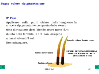 Segue  colore  ripigmentazione 2ª Fase Applicare  sulle  parti  chiare  delle lunghezze la  miscela ripigmentante composta dallo stesso tono di risultato cioè:  biondo scuro rame (6,4)  diluito nella formula  1 + 2  con  ossigeno  a bassi volumi (5 vol.) Non sciacquare. Biondo chiaro dorato rame Biondo scuro rame Castano chiaro 2 FASE: APPLICAZIONE DELLA MISCELA RIPIGMENTANTE (Schiaritura 2 toni) 
