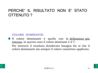 PERCHE'  IL  RISULTATO  NON  E'  STATO  OTTENUTO ? COLORE  DOMINANTE: Il  colore  dominante  è  quello  con  la  definizione più intensa , in questo caso il colore dominate è il 7.  P er ottenere il risultato desiderato bisogna far si che il colore dominante sia sempre il colore cosmetico applicato. 