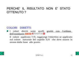 PERCHE'  IL  RISULTATO  NON  E'  STATO  OTTENUTO ? COLORI  DIRETTI: I  colori  diretti  sono  quelli  gestiti  con  l'utilizzo  dell'ossidante  OXYD Il  colore  applicato 7/0, raggiunge l'obiettivo se applicato sul colore  naturale del capello 5/0  che deve essere lo stesso dalla base  alle punte. 