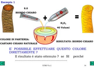 E'  POSSIBILE  EFFETTUARE  QUESTO  COLORE DIRETTAMENTE ? Il risultato è stato ottenuto ?  se  SI  perché  ………………………………………….. H 2 O 2 40 Volumi Esempio 1 8.0 BIONDO CHIARO COLORE DI PARTENZA: CASTANO CHIARO NATURALE RISULTATO: BIONDO CHIARO 