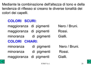 Mediante la combinazione dell'altezza di tono e della tendenza di riflesso si creano le diverse tonalità dei colori dei capelli. COLORI  SCURI: maggioranza  di  pigmenti  Nero / Bruni. maggioranza  di  pigmenti  Rossi. minoranza  di  pigmenti  Gialli. COLORI  CHIARI: minoranza  di  pigmenti  Nero / Bruni. minoranza  di  pigmenti  Rossi. maggioranza  di  pigmenti  Gialli. 