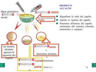 PRODOTTI  ALCALINI Rigonfiano  lo  stelo  del  capello.  Aprono  le  squame  del  capello. Penetrano  all'interno  del  capello  unitamente  alle  sostanze  coloranti, ammoniaca  e  ossigeno. Le tinture alcaline aprono le squame dei capelli   Color   +  OXYD = colorazione OXYD  +  Sostanza alcalina = schiaritura Base protettiva    Color  alcale OXYD Gli alcali attivano l’ OXYD 