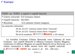 La tonalità Castano Chiaro Naturale crea l'altezza di tono Castano  sui capelli Bianchi il riflesso Castano Chiaro Mogano  conferisce il riflesso Mogano ai capelli Bianchi ed ai Naturali, se il colore  cosmetico  è  dello  stesso  tono  dei  capelli  naturali  la  OXYD   da  usare è  al  6%  (20 vol.) 1° Esempio TONO  su  TONO  e coprire i capelli bianchi La miscela colorante: 30 ml. di 5/0  Castano chiaro Serie “naturale” 30 ml. di 5/6  Castano chiaro Serie “mogano” 90 ml di ossidante  OXYD  a 20 volumi Colore naturale: 5.0 Castano chiaro Capelli bianchi:  40/50% Risultati:  5.6 castano chiaro mogano 