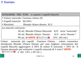 Colore  naturale dei capelli  Castano Chiaro - colore cosmetico desiderato Biondo Chiaro Dorato per una migliore colorazione dei capelli Bianchi aggiungere il 50% di colore 8 naturale + 50% di  8 Dorato dovendo poi schiarire i capelli naturali di 4 toni l’  OXYD    è  del  12%. ( 40 vol. ) 3° Esempio SCHIARIRE  TRE  TONI  e coprire i capelli bianchi La miscela colorante: 30 ml. Biondo Chiaro Naturale  8/0  serie “naturale” 30 ml. Biondo chiaro  Dorato  8/3  serie “dorata “ 90 ml. di  OXYD  12%  (40 vol.) Colore naturale: Castano chiaro (5) Capelli bianchi:  30/40% Risultati:  Biondo chiaro dorato  8/3 