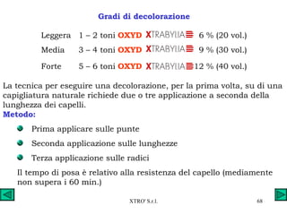 La tecnica per eseguire una decolorazione, per la prima volta, su di una capigliatura naturale richiede due o tre applicazione a seconda della lunghezza dei capelli. Metodo: Prima applicare sulle punte Seconda applicazione sulle lunghezze Terza applicazione sulle radici Il tempo di posa è relativo alla resistenza del capello (mediamente non supera i 60 min.) 12 % (40 vol.) 5 – 6 toni  OXYD Forte 9 % (30 vol.) 3 – 4 toni  OXYD Media 6 % (20 vol.) 1 – 2 toni  OXYD   Leggera Gradi di decolorazione 