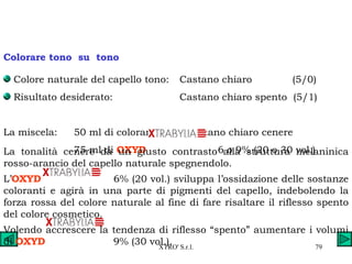 Colore naturale del capello tono: Castano chiaro  (5/0) Risultato desiderato: Castano chiaro spento  (5/1) La miscela: 50 ml di colorante tono castano chiaro cenere 75 ml di  OXYD    6 o 9% (20 o 30 vol.)  Colorare tono  su  tono La tonalità cenere da un giusto contrasto alla struttura melaninica rosso-arancio del capello naturale spegnendolo. L’ OXYD     6% (20 vol.) sviluppa l’ossidazione delle sostanze coloranti e agirà in una parte di pigmenti del capello, indebolendo la forza rossa del colore naturale al fine di fare risaltare il riflesso spento del colore cosmetico. Volendo accrescere la tendenza di riflesso “spento” aumentare i volumi di  OXYD   9% (30 vol.). 