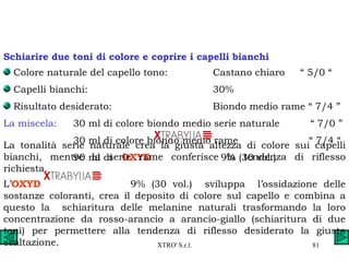 Colore naturale del capello tono: Castano chiaro  “ 5/0 “ Capelli bianchi: 30% Risultato desiderato: Biondo medio rame “ 7/4 ” La miscela: 30 ml di colore biondo medio serie naturale  “ 7/0 ” 30 ml di colore biondo medio rame  “ 7/4 “  90 ml di  OXYD  9% (30 vol.)  Schiarire due toni di colore e coprire i capelli bianchi La tonalità serie naturale crea la giusta altezza di colore sui capelli bianchi, mentre la serie rame conferisce la tendenza di riflesso richiesta. L’ OXYD      9% (30 vol.)  sviluppa  l’ossidazione delle sostanze coloranti, crea il deposito di colore sul capello e combina a questo la  schiaritura delle melanine naturali trasformando la loro concentrazione da rosso-arancio a arancio-giallo (schiaritura di due toni) per permettere alla tendenza di riflesso desiderato la giusta esaltazione. 