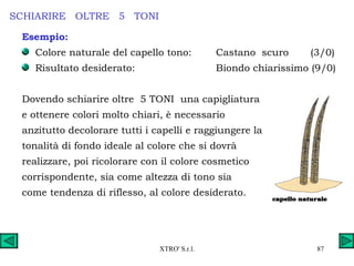 SCHIARIRE  OLTRE  5  TONI Esempio: Colore naturale del capello tono: Castano  scuro  (3/0) Risultato desiderato: Biondo chiarissimo (9/0) Dovendo schiarire oltre  5 TONI  una capigliatura  e ottenere colori molto chiari, è necessario  anzitutto decolorare tutti i capelli e raggiungere la  tonalità di fondo ideale al colore che si dovrà  realizzare, poi ricolorare con il colore cosmetico  corrispondente, sia come altezza di tono sia  come tendenza di riflesso, al colore desiderato. 
