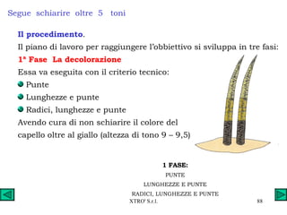 Segue  schiarire  oltre  5  toni Il procedimento . Il piano di lavoro per raggiungere l’obbiettivo si sviluppa in tre fasi: 1ª Fase  La decolorazione Essa va eseguita con il criterio tecnico: Punte Lunghezze e punte Radici, lunghezze e punte Avendo cura di non schiarire il colore del  capello oltre al giallo (altezza di tono 9 – 9,5) 1 FASE: PUNTE LUNGHEZZE E PUNTE RADICI, LUNGHEZZE E PUNTE 