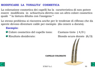 MODIFICARE  LA  TONALITA’  COSMETICA La colorazione cosmetica dei capelli ha la  caratteristica di non potere essere  modificata  in  schiaritura diretta con un altro colore cosmetico quale  “ la tintura diluita con l’ossigeno “ Lo stesso problema si riscontra anche per le tendenze di riflesso che da spente devono diventare calde per esempio  (da cenere a dorato). Esempio: Colore cosmetico del capello tono: Castano tinto  ( 4/0 ) Risultato desiderato: Biondo scuro dorato  (6/3) CAPELLO COLORATO 