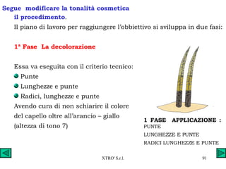 il procedimento . Il piano di lavoro per raggiungere l’obbiettivo si sviluppa in due fasi: 1ª Fase  La decolorazione Essa va eseguita con il criterio tecnico: Punte Lunghezze e punte Radici, lunghezze e punte Avendo cura di non schiarire il colore  del capello oltre all’arancio – giallo  (altezza di tono 7) Segue  modificare la tonalità cosmetica 1 FASE  APPLICAZIONE :  PUNTE LUNGHEZZE E PUNTE RADICI LUNGHEZZE E PUNTE 