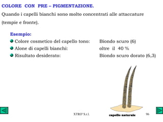 Esempio: Colore cosmetico del capello tono: Biondo scuro (6) Alone di capelli bianchi: oltre  il  40 % Risultato desiderato: Biondo scuro dorato (6,3) COLORE  CON  PRE – PIGMENTAZIONE. Quando i capelli bianchi sono molto concentrati alle attaccature  (tempie e fronte). 