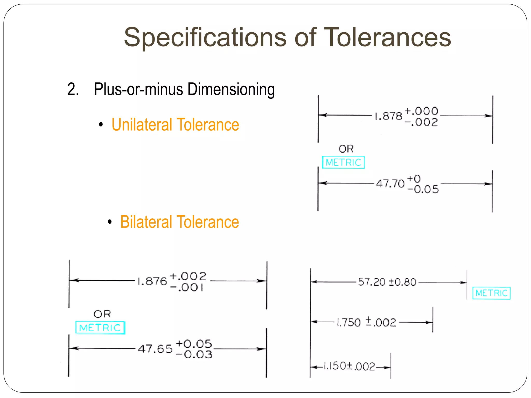 Specifications of Tolerances
2. Plus-or-minus Dimensioning
• Unilateral Tolerance
• Bilateral Tolerance
 