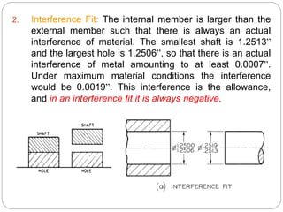 2. Interference Fit: The internal member is larger than the
external member such that there is always an actual
interference of material. The smallest shaft is 1.2513”
and the largest hole is 1.2506”, so that there is an actual
interference of metal amounting to at least 0.0007”.
Under maximum material conditions the interference
would be 0.0019”. This interference is the allowance,
and in an interference fit it is always negative.
 