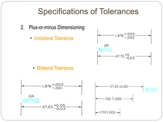 Specifications of Tolerances
2. Plus-or-minus Dimensioning
• Unilateral Tolerance
• Bilateral Tolerance
 