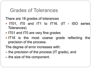 Grades of Tolerances
There are 18 grades of tolerances
 IT01, IT0 and IT1 to IT16. (IT - ISO series
Tolerances)
 IT01 and IT0 are very fine grades
 IT16 is the most coarse grade reflecting the
precision of the process.
The degree of error increases with:
– the precision of the process (IT grade), and
– the size of the component.
 