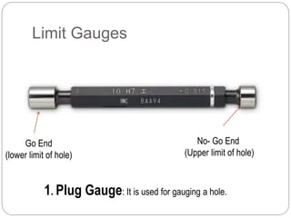 Limit Gauges
1. Plug Gauge: It is used for gauging a hole.
Go End
(lower limit of hole)
No- Go End
(Upper limit of hole)
 