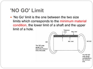 'NO GO' Limit
 ‘No Go' limit is the one between the two size
limits which corresponds to the minimum material
condition, the lower limit of a shaft and the upper
limit of a hole.
 