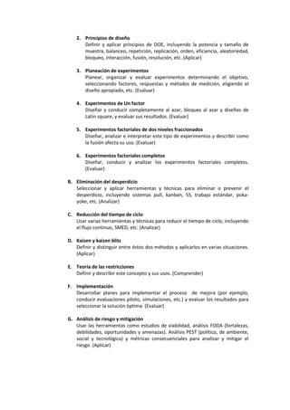 2. Principios de diseño
Definir y aplicar principios de DOE, incluyendo la potencia y tamaño de
muestra, balanceo, repetición, replicación, orden, eficiencia, aleatoriedad,
bloqueo, interacción, fusión, resolución, etc. (Aplicar)
3. Planeación de experimentos
Planear, organizar y evaluar experimentos determinando el objetivo,
seleccionando factores, respuestas y métodos de medición, eligiendo el
diseño apropiado, etc. (Evaluar)
4. Experimentos de Un factor
Diseñar y conducir completamente al azar, bloques al azar y diseños de
Latin square, y evaluar sus resultados. (Evaluar)
5. Experimentos factoriales de dos niveles fraccionados
Diseñar, analizar e interpretar este tipo de experimentos y describir como
la fusión afecta su uso. (Evaluar)
6. Experimentos factoriales completos
Diseñar, conducir y analizar los experimentos factoriales completos.
(Evaluar)
B. Eliminación del desperdicio
Seleccionar y aplicar herramientas y técnicas para eliminar o prevenir el
desperdicio, incluyendo sistemas pull, kanban, 5S, trabajo estándar, poka-
yoke, etc. (Analizar)
C. Reducción del tiempo de ciclo
Usar varias herramientas y técnicas para reducir el tiempo de ciclo, incluyendo
el flujo continuo, SMED, etc. (Analizar)
D. Kaizen y kaizen blitz
Definir y distinguir entre éstos dos métodos y aplicarlos en varias situaciones.
(Aplicar)
E. Teoría de las restricciones
Definir y describir este concepto y sus usos. (Comprender)
F. Implementación
Desarrollar planes para implementar el proceso de mejora (por ejemplo,
conducir evaluaciones piloto, simulaciones, etc.) y evaluar los resultados para
seleccionar la solución óptima. (Evaluar)
G. Análisis de riesgo y mitigación
Usar las herramientas como estudios de viabilidad, análisis FODA (fortalezas,
debilidades, oportunidades y amenazas). Análisis PEST (político, de ambiente,
social y tecnológica) y métricas consecuenciales para analizar y mitigar el
riesgo. (Aplicar)
 