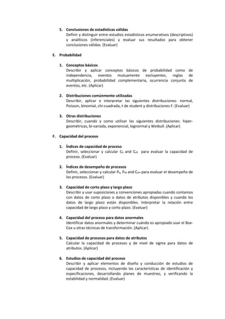 5. Conclusiones de estadísticas válidas
Definir y distinguir entre estudios estadísticos enumerativos (descriptivos)
y analíticos (inferenciales) y evaluar sus resultados para obtener
conclusiones válidas. (Evaluar)
E. Probabilidad
1. Conceptos básicos
Describir y aplicar conceptos básicos de probabilidad como de
independencia, eventos mutuamente excluyentes, reglas de
multiplicación, probabilidad complementaria, ocurrencia conjunta de
eventos, etc. (Aplicar)
2. Distribuciones comúnmente utilizadas
Describir, aplicar e interpretar las siguientes distribuciones: normal,
Poisson, binomial, chi-cuadrada, t de student y distribuciones F. (Evaluar)
3. Otras distribuciones
Describir, cuando y como utilizar las siguientes distribuciones: híper-
geométricas, bi-variada, exponencial, lognormal y Weibull. (Aplicar)
F. Capacidad del proceso
1. Índices de capacidad de proceso
Definir, seleccionar y calcular Cp and Cpk para evaluar la capacidad de
proceso. (Evaluar)
2. Índices de desempeño de procesos
Definir, seleccionar y calcular Pp, Ppk and Cpm para evaluar el desempeño de
los procesos. (Evaluar)
3. Capacidad de corto plazo y largo plazo
Describir y usar suposiciones y convenciones apropiadas cuando contamos
con datos de corto plazo o datos de atributos disponibles y cuando los
datos de largo plazo están disponibles. Interpretar la relación entre
capacidad de largo plazo y corto plazo. (Evaluar)
4. Capacidad del proceso para datos anormales
Identificar datos anormales y determinar cuándo es apropiado usar el Box-
Cox u otras técnicas de transformación. (Aplicar)
5. Capacidad de procesos para datos de atributos
Calcular la capacidad de procesos y de nivel de sigma para datos de
atributos. (Aplicar)
6. Estudios de capacidad del proceso
Describir y aplicar elementos de diseño y conducción de estudios de
capacidad de procesos, incluyendo las características de identificación y
especificaciones, desarrollando planes de muestreo, y verificando la
estabilidad y normalidad. (Evaluar)
 